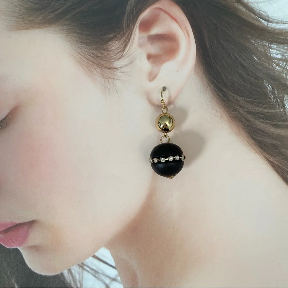 4/$15 Gold Ball Wooden Drop Rhinestones Detail Dangly Earrings